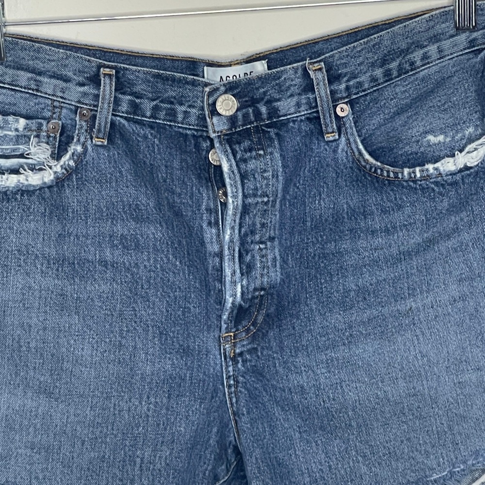 Agolde Women's Denim Jean Shorts in Medium Blue Distress - Picture 3 of 9
